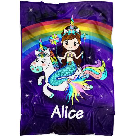 Personalized Name Mermaid & Unicorn Rainbow Blanket for Girls & Boys, Custom Name Blanket for Kids - Alice