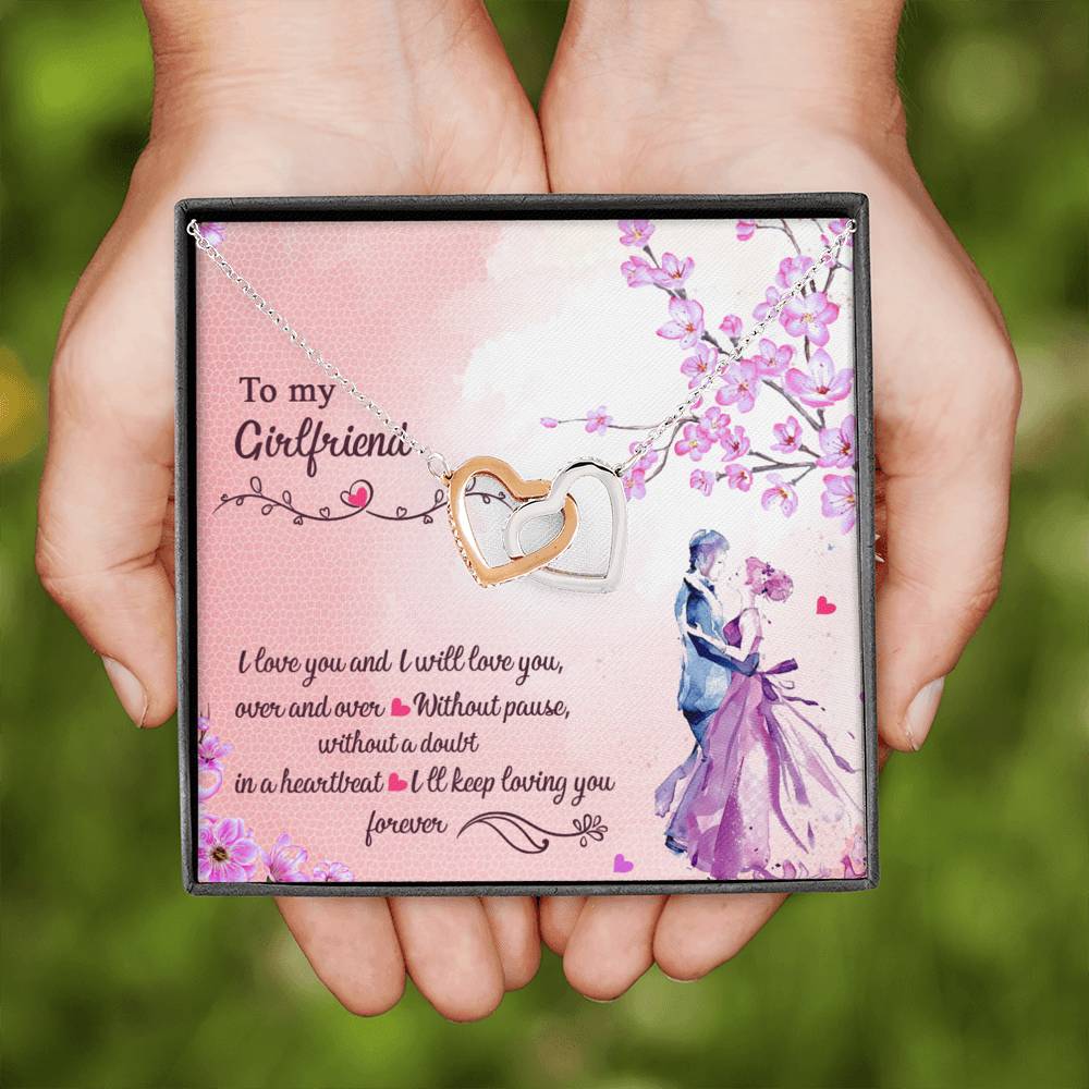 To My Girlfriend, Forever Love, Gift for Her Interlocking Hearts Necklace with a Message Card
