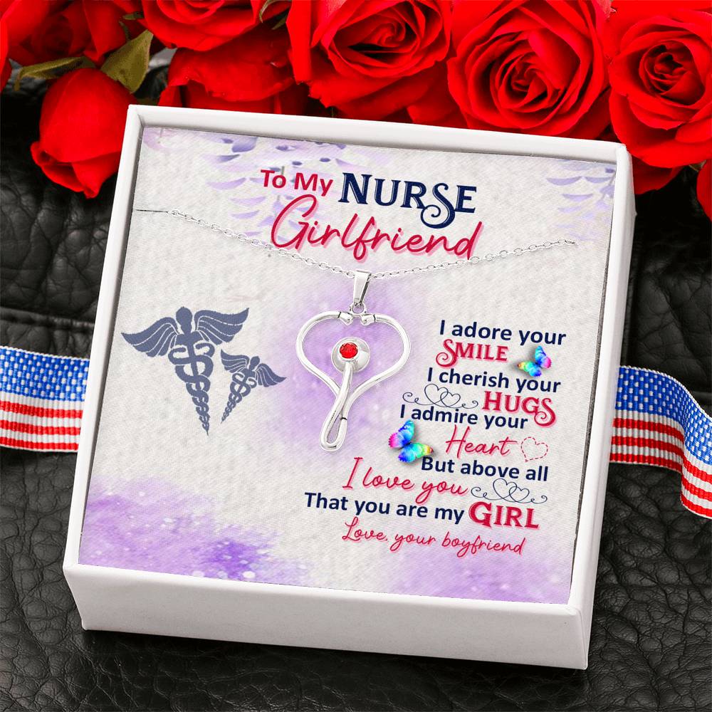 Gift for my Nurse Girlfriend, Stethoscope Necklace with Red Swarovski® Crystal