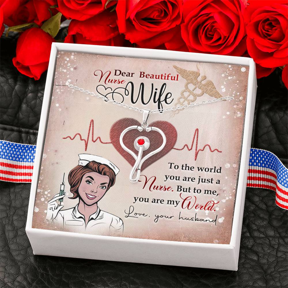 Gift for My Nurse Wife, Stethoscope Necklace with Red Swarovski® Crystal