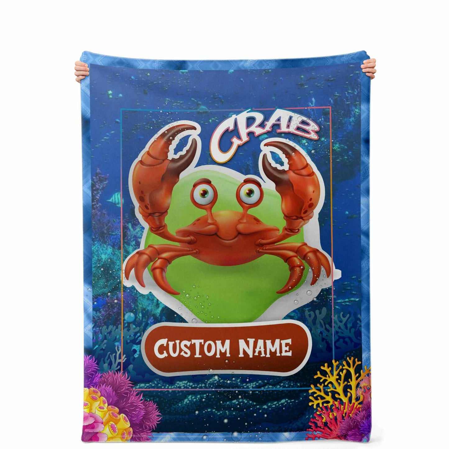 Personalized Name Crab Blanket, Custom Name Sea Animals Blanket for Boys & Girls