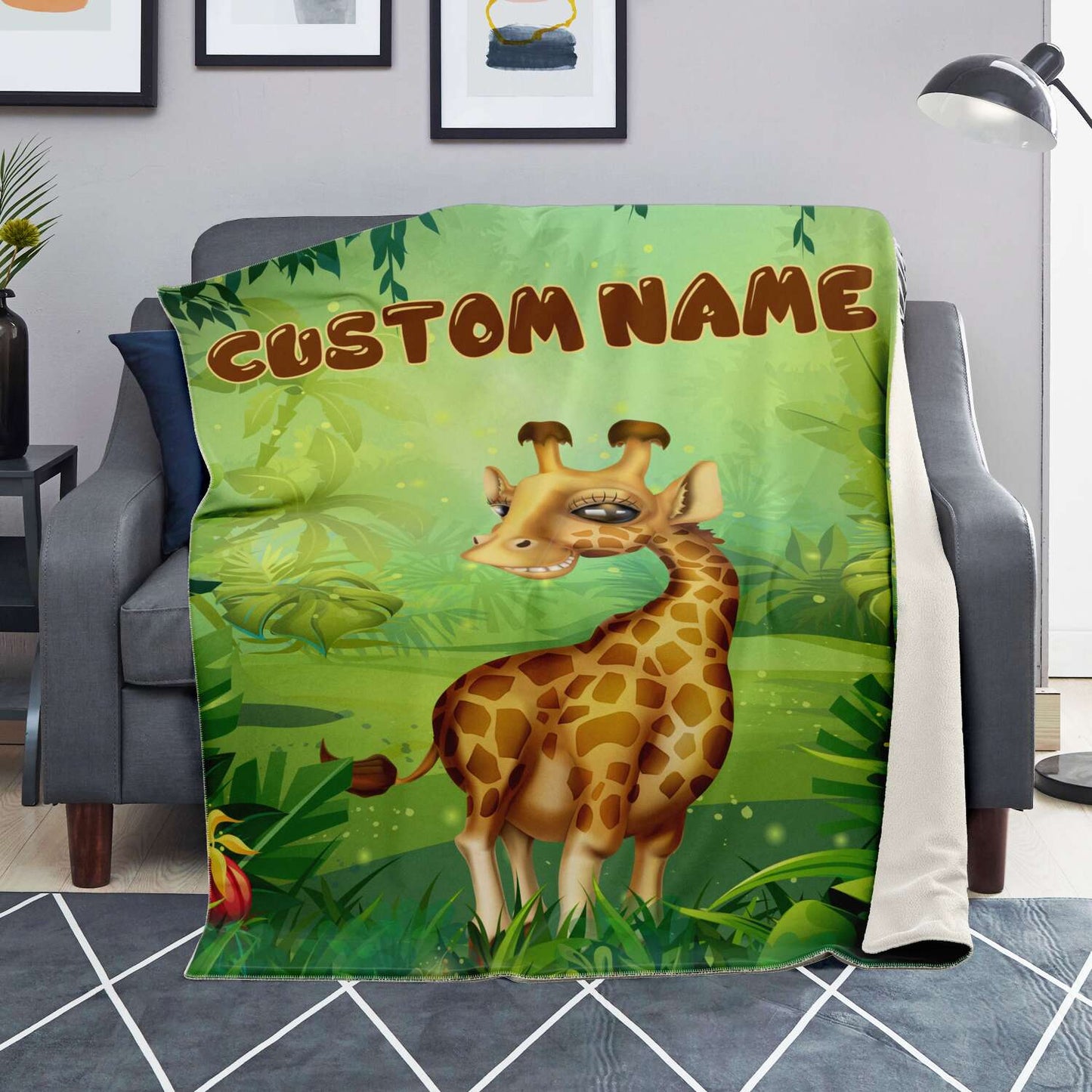 Personalized Name Giraffe Blanket, Custom Name Wild Animals Blanket for Boys & Girls