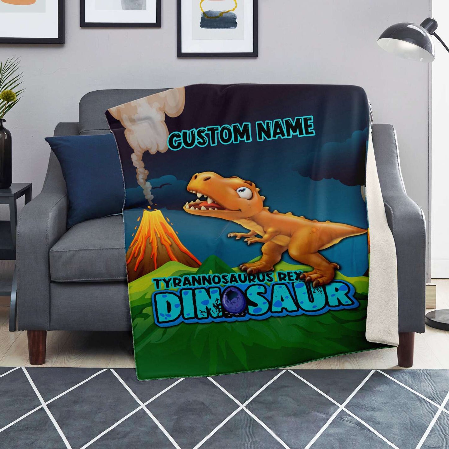 Personalized Name Tyrannosaurus Rex Dinosaur Blanket for Kids, Custom Name Blanket for Boys & Girls