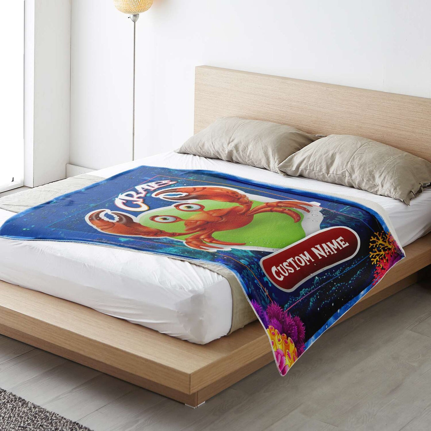 Personalized Name Crab Blanket, Custom Name Sea Animals Blanket for Boys & Girls