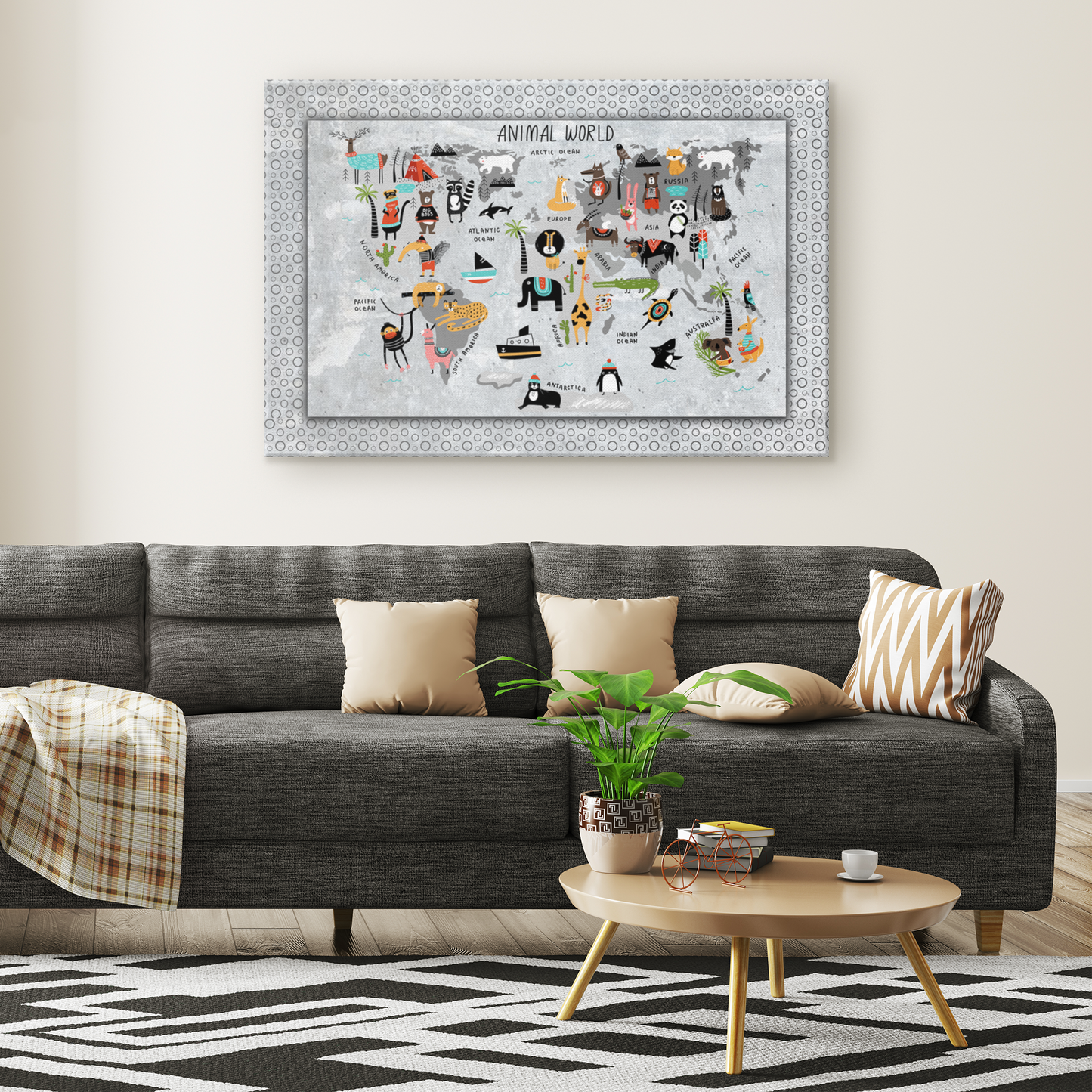 Personalized Map of World for Kids with Animal World, Scandinavian, Canvas Wall Art for Children's Room, Learning, Educational Map for Boys & Girls