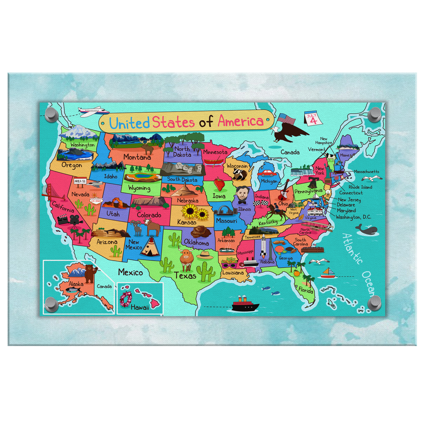 USA, United States Map for Kids, Canvas Wall Art for Children's Room, Learning, Educational Map for Boys & Girls