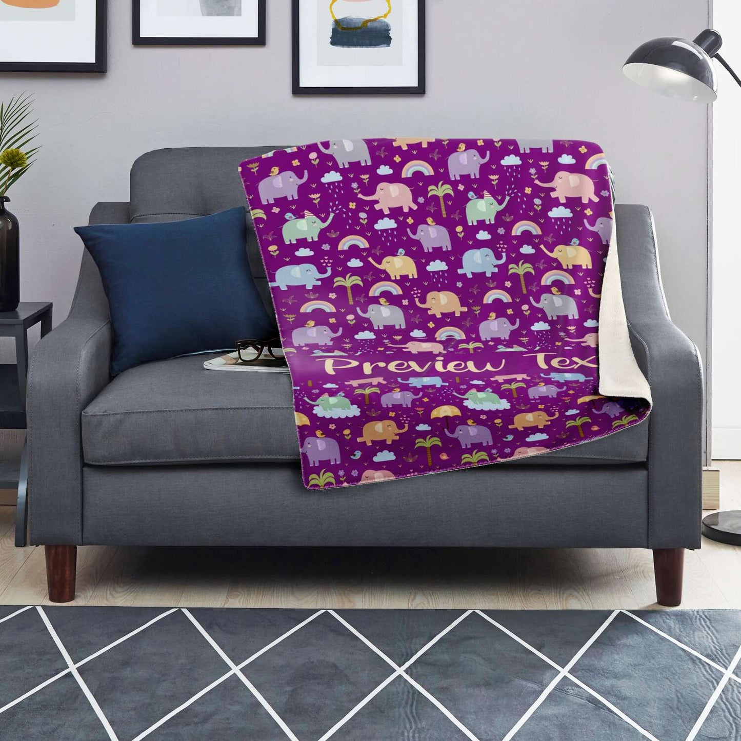 Personalized Name Elephant Pattern Purple Blanket for Kids, Girls & Boys