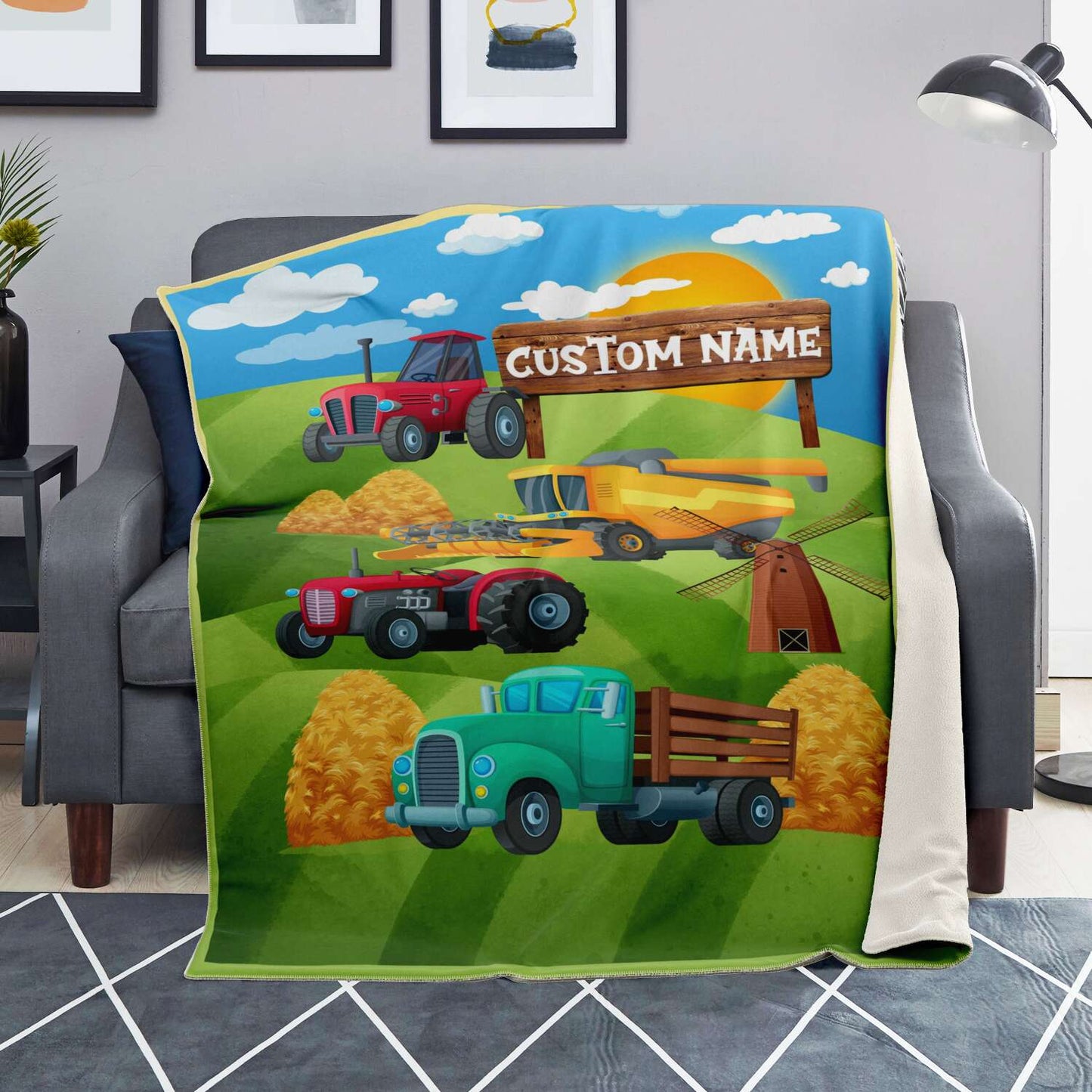 Personalized Name Farm Machinery Tractor Blanket for Kids, Custom Name Blanket for Boys & Girls