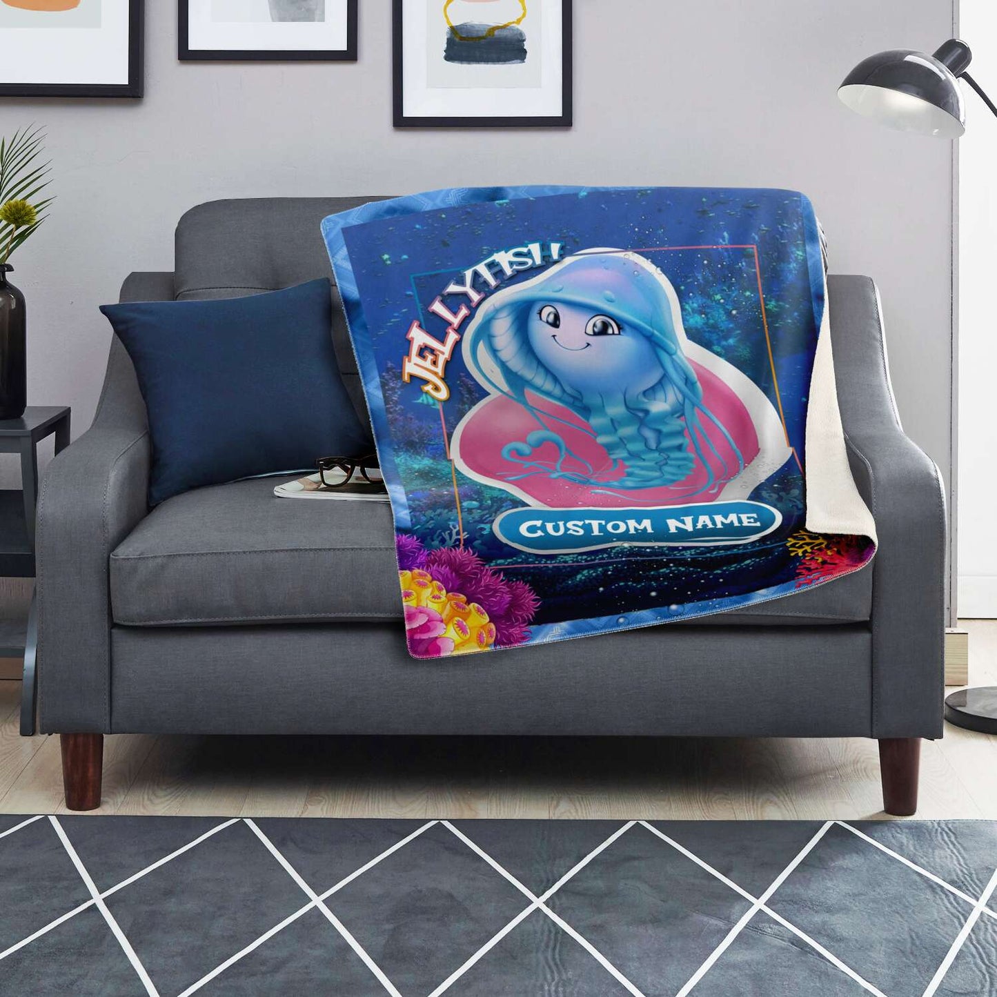 Personalized Name Jellyfish Blanket, Custom Name Sea Animals Blanket for Boys & Girls