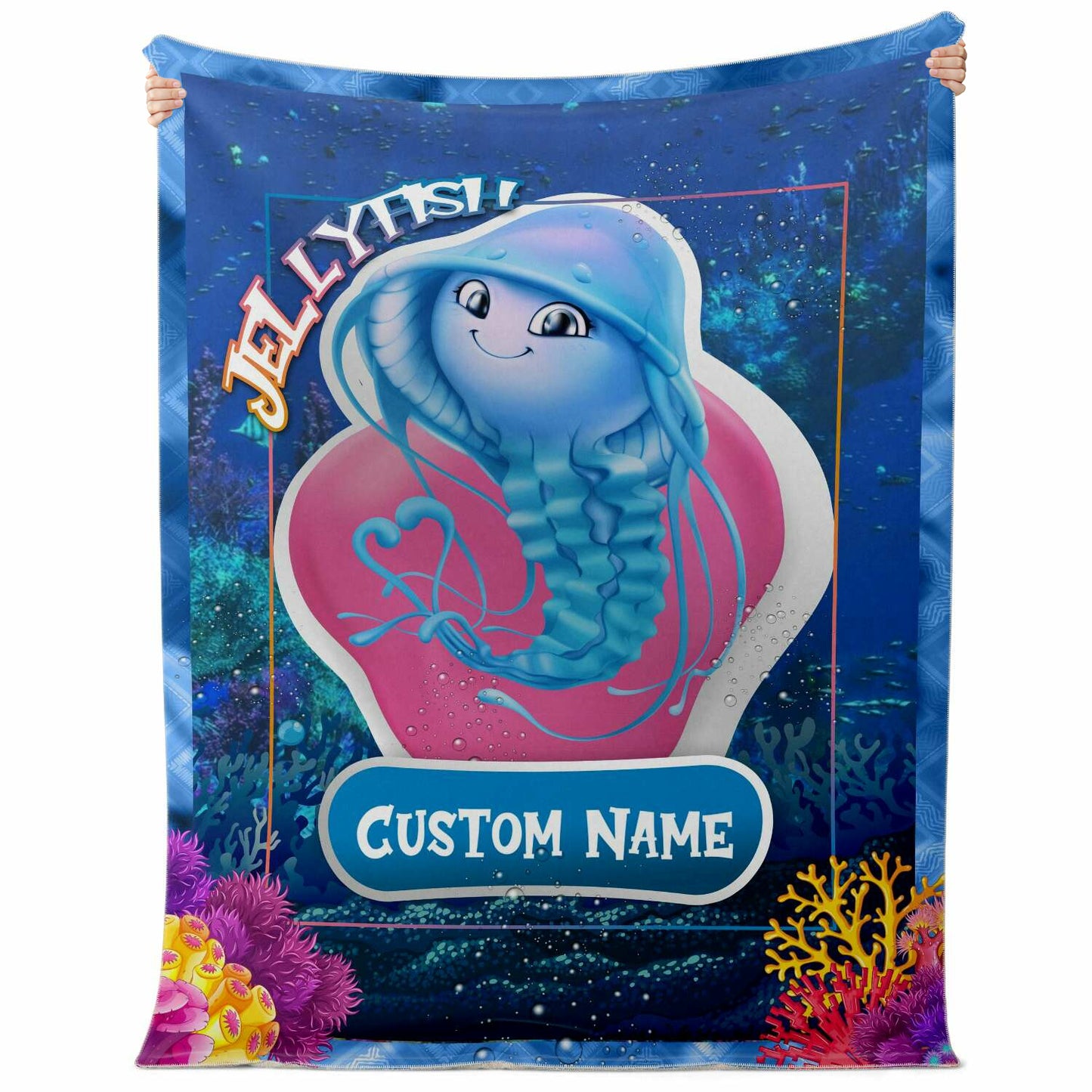Personalized Name Jellyfish Blanket, Custom Name Sea Animals Blanket for Boys & Girls
