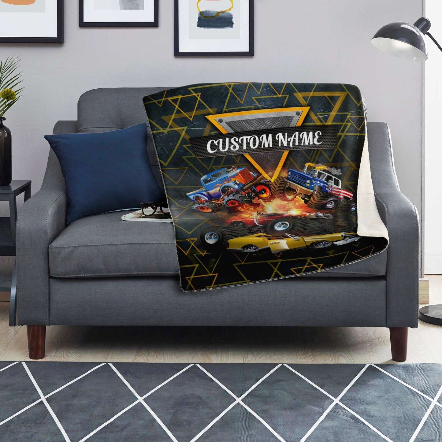 Personalized Name Monster Truck Blanket for Kids, Custom Name Blanket for Boys & Girls