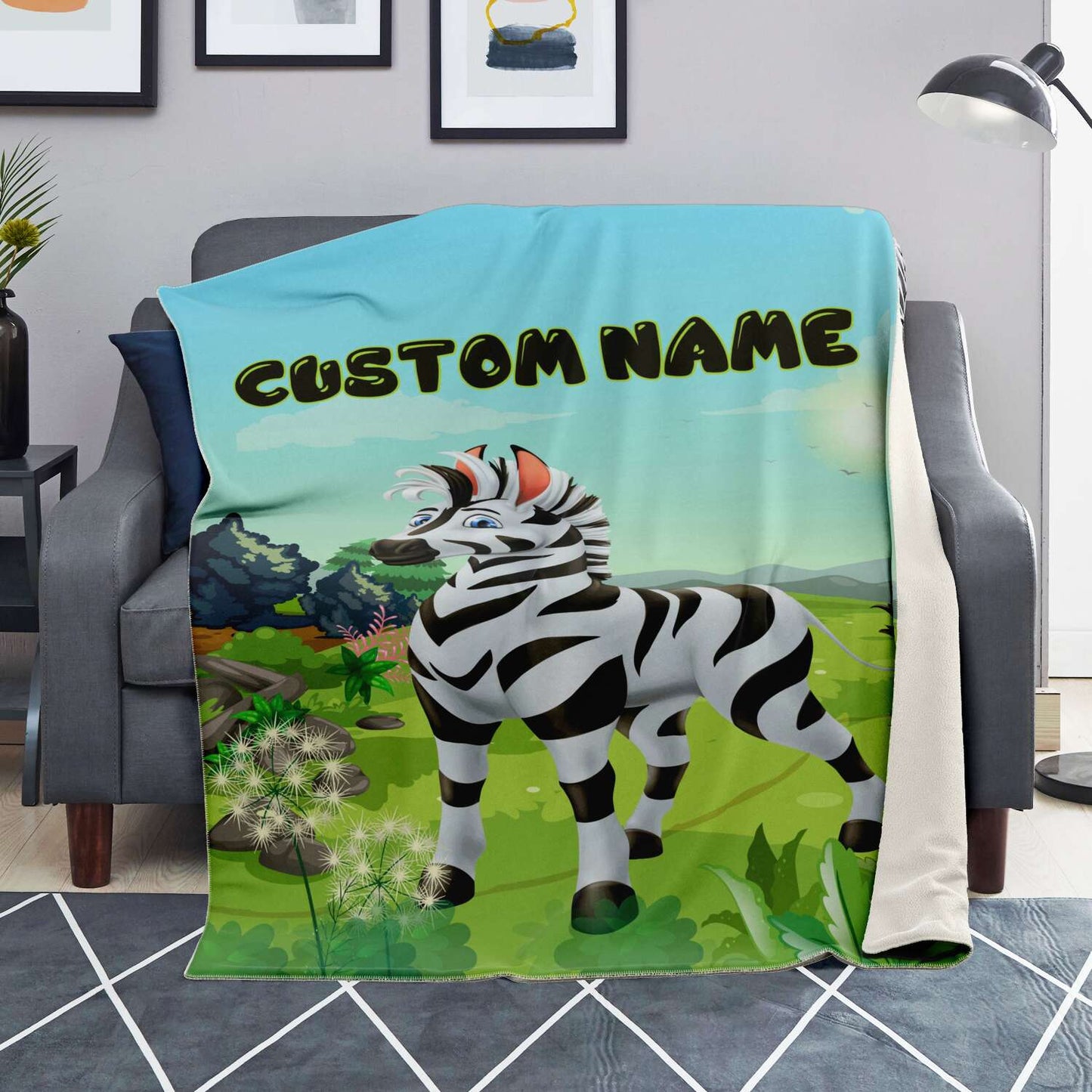 Personalized Name Zebra Blanket, Custom Name Wild Animals Blanket for Boys & Girls