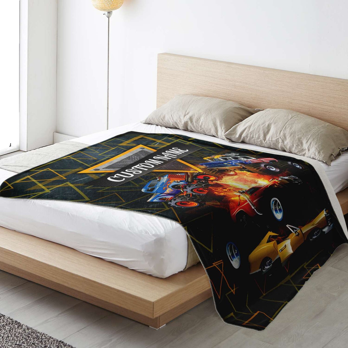 Personalized Name Monster Truck Blanket for Kids, Custom Name Blanket for Boys & Girls