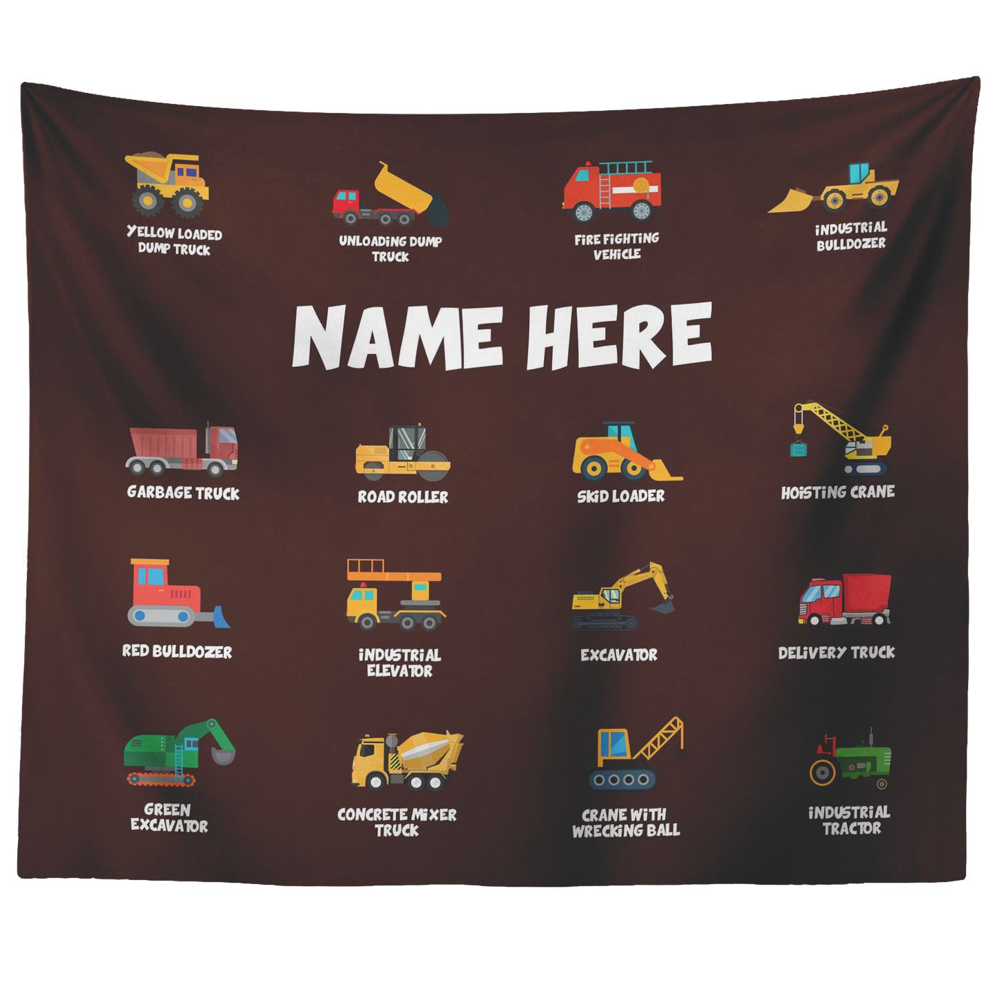 Personalized Name Construction Machines Wall Tapestry for Kids Room