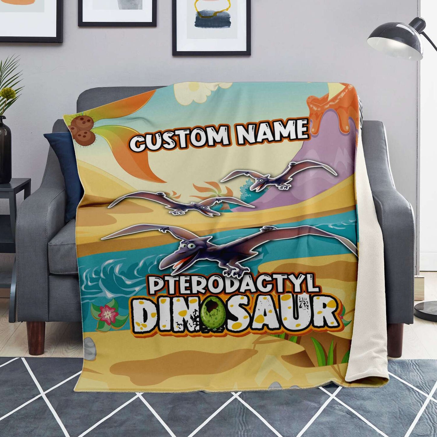 Personalized Name Pterodactyl Dinosaur Blanket for Kids, Custom Name Blanket for Boys & Girls