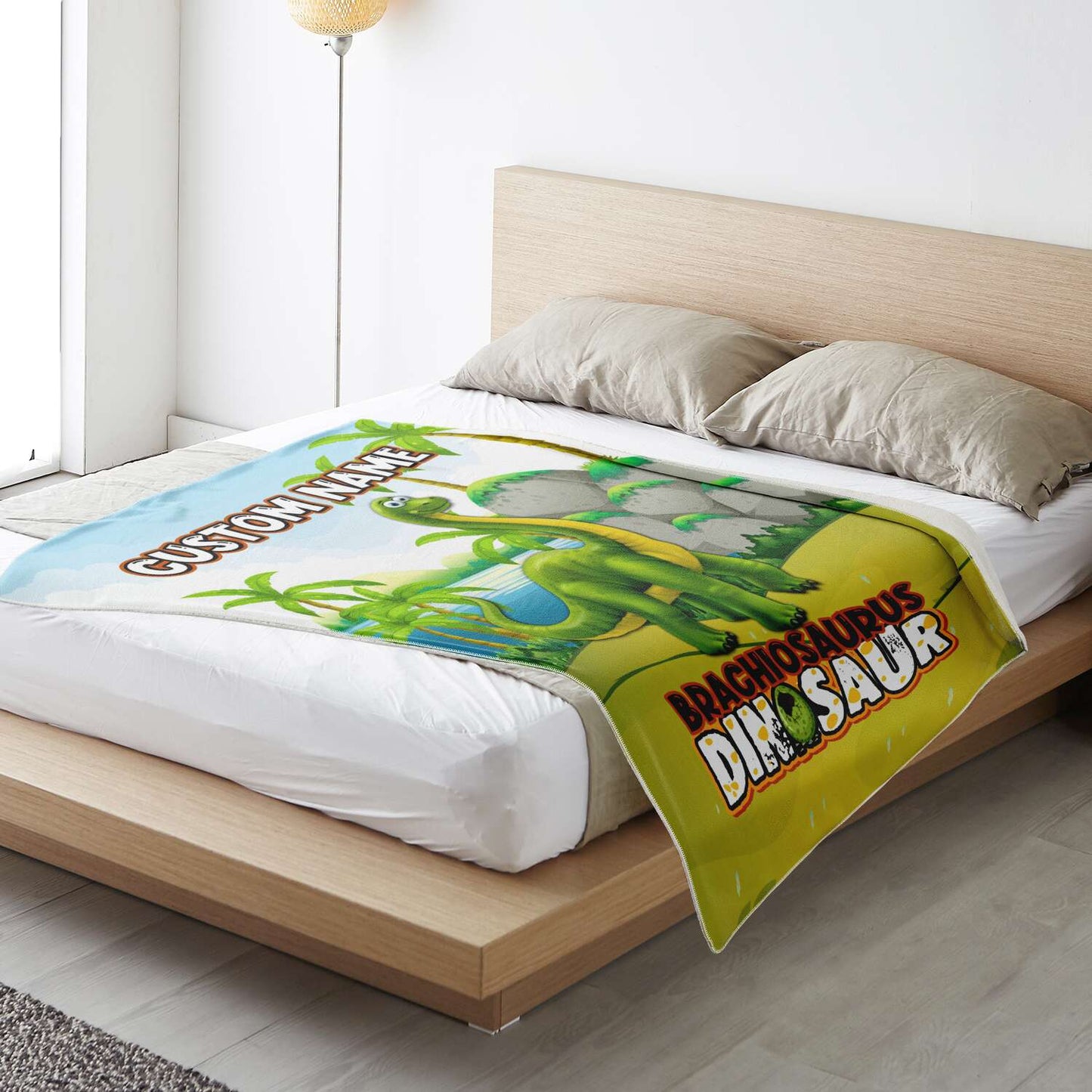 Personalized Name Brachiosaurus Dinosaur Blanket for Kids, Custom Name Blanket for Boys & Girls