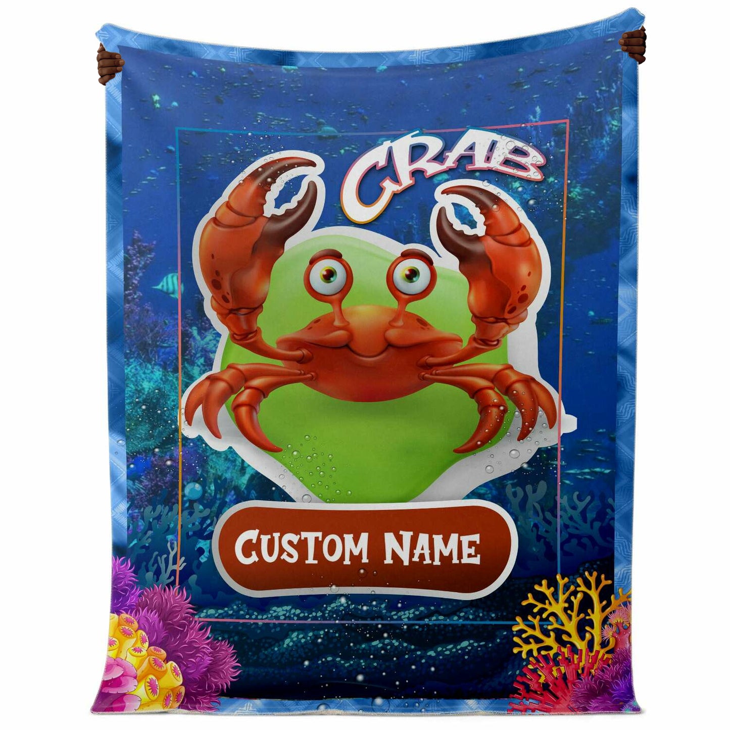 Personalized Name Crab Blanket, Custom Name Sea Animals Blanket for Boys & Girls
