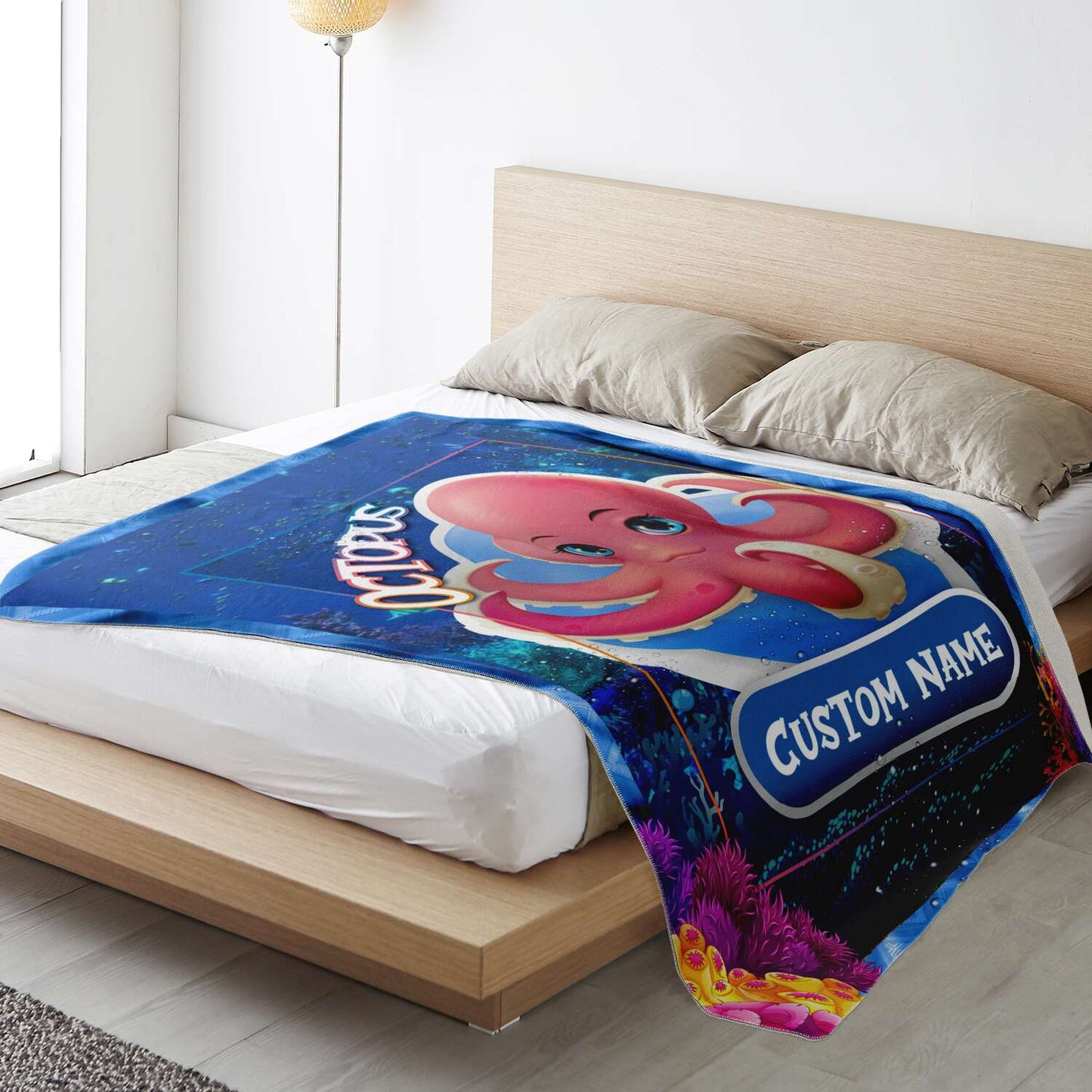Personalized Name Octopus Blanket, Custom Name Sea Animals Blanket for Boys & Girls