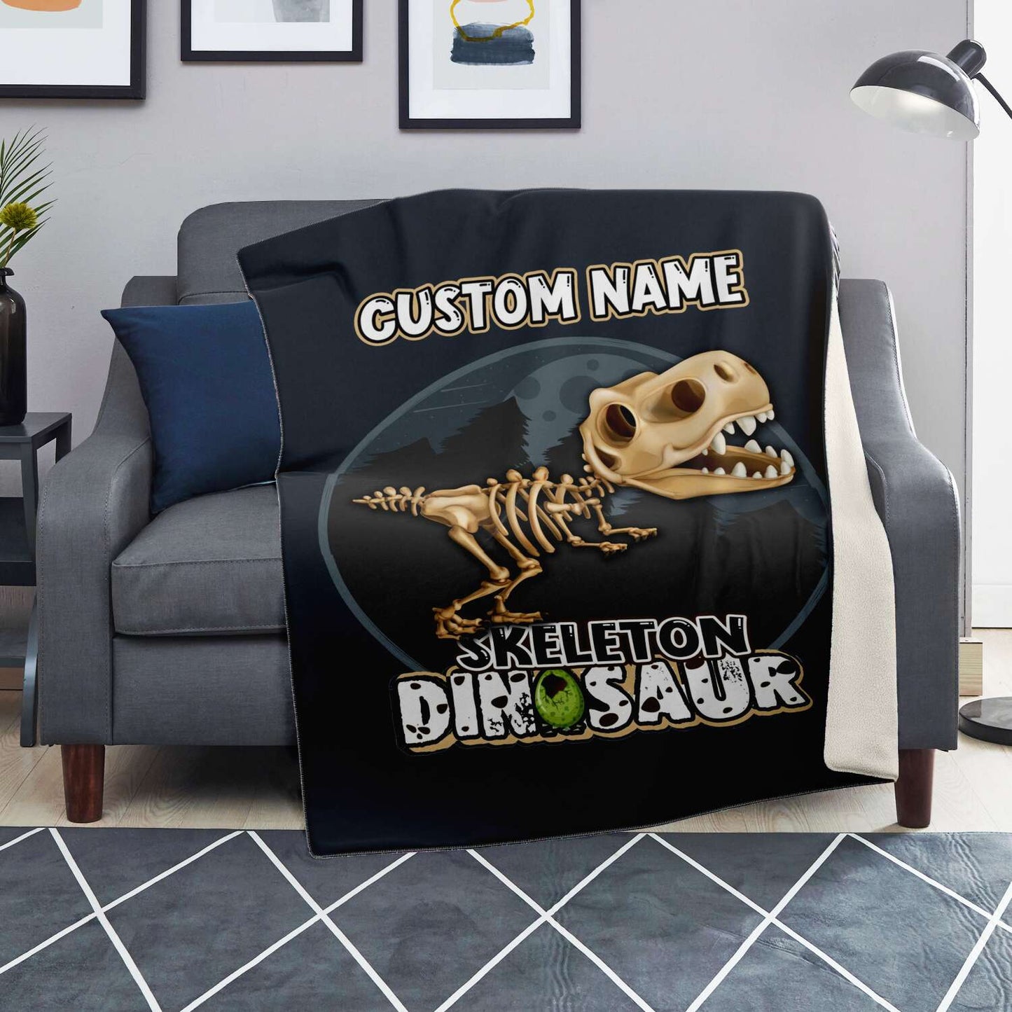 Personalized Name T-Rex Skeleton Dinosaur Blanket for Kids, Custom Name Blanket for Boys & Girls