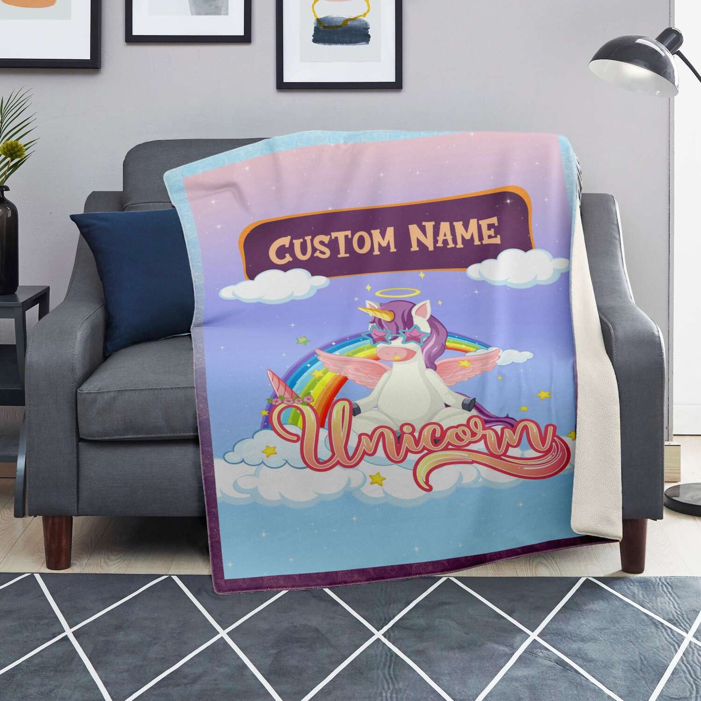 Personalized Name Unicorn Blanket for Kids, Custom Name Blanket for Boys and Girls