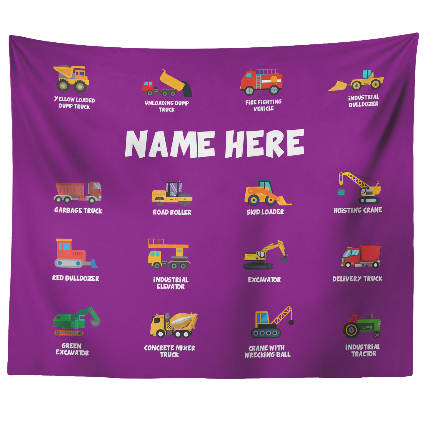 Personalized Name Construction Machines Wall Tapestry for Kids Room