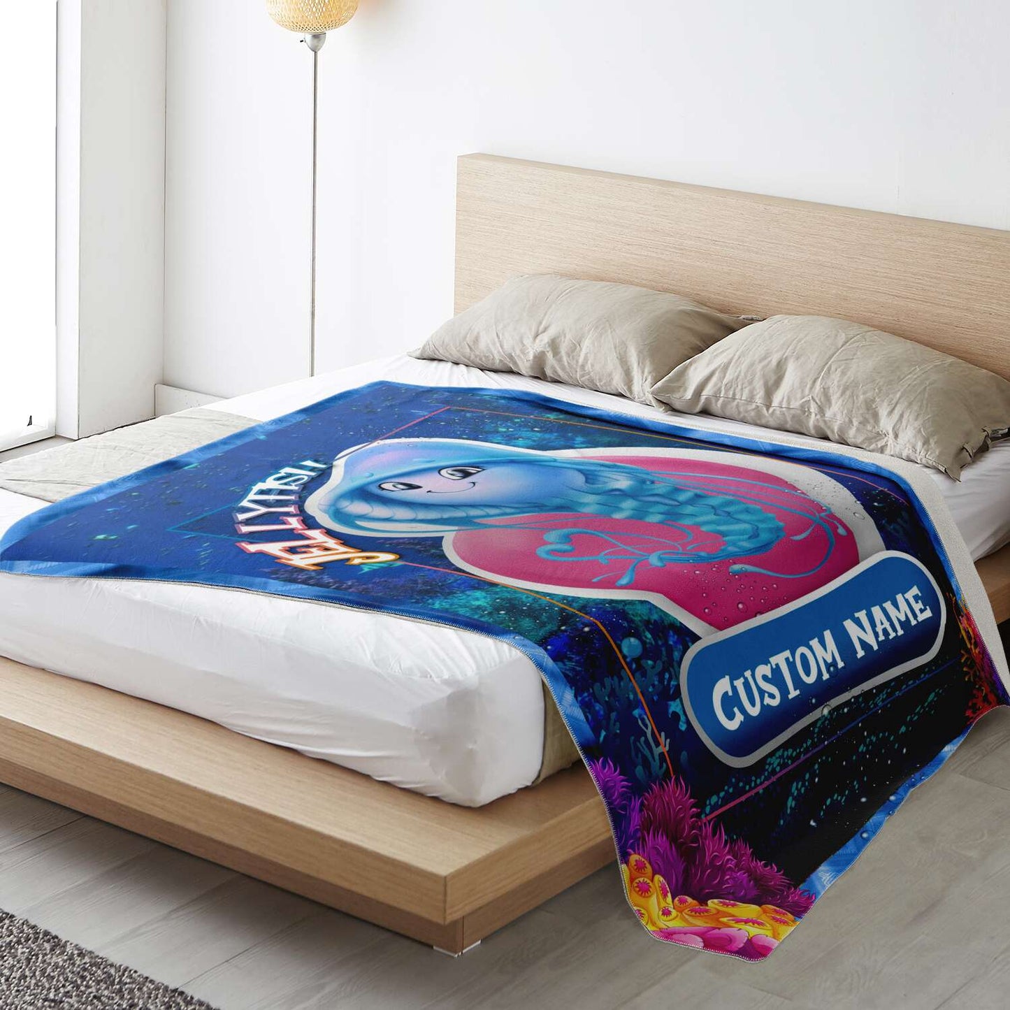 Personalized Name Jellyfish Blanket, Custom Name Sea Animals Blanket for Boys & Girls