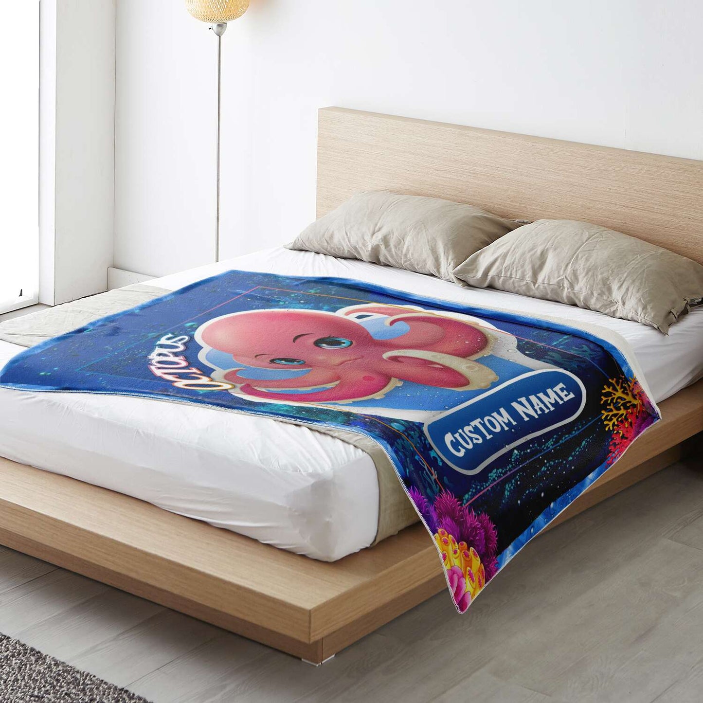 Personalized Name Octopus Blanket, Custom Name Sea Animals Blanket for Boys & Girls