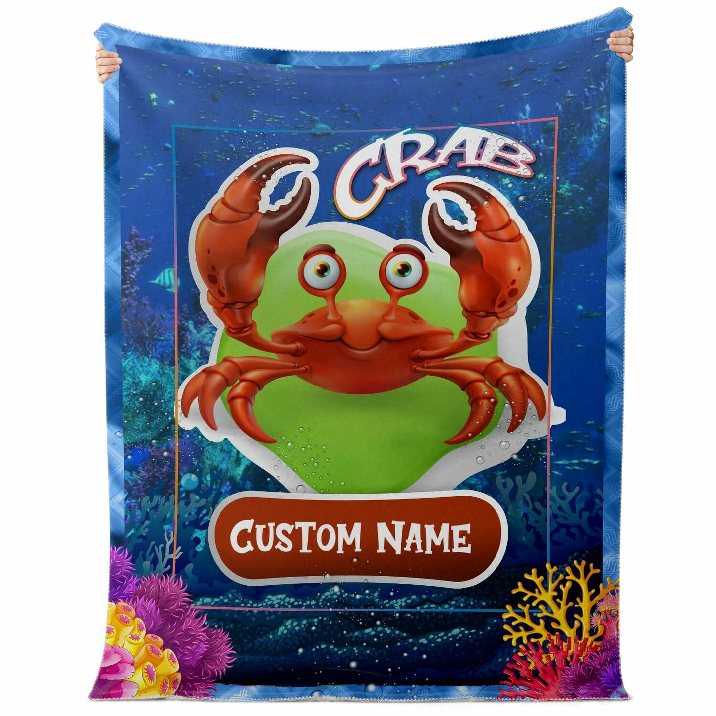 Personalized Name Crab Blanket, Custom Name Sea Animals Blanket for Boys & Girls