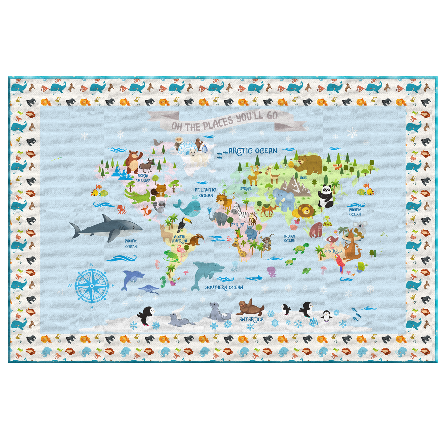 Personalized Map of World for Kids with Animal Planet, Canvas Wall Art for Children's Room, Learning, Educational Map for Boys & Girls