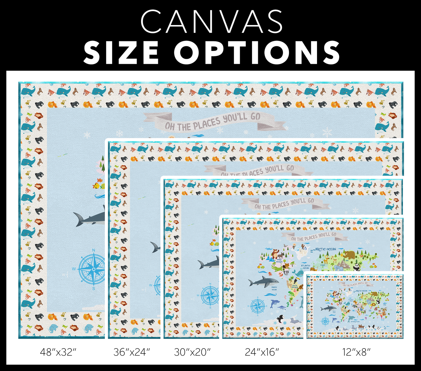 Personalized Map of World for Kids with Animal Planet, Canvas Wall Art for Children's Room, Learning, Educational Map for Boys & Girls