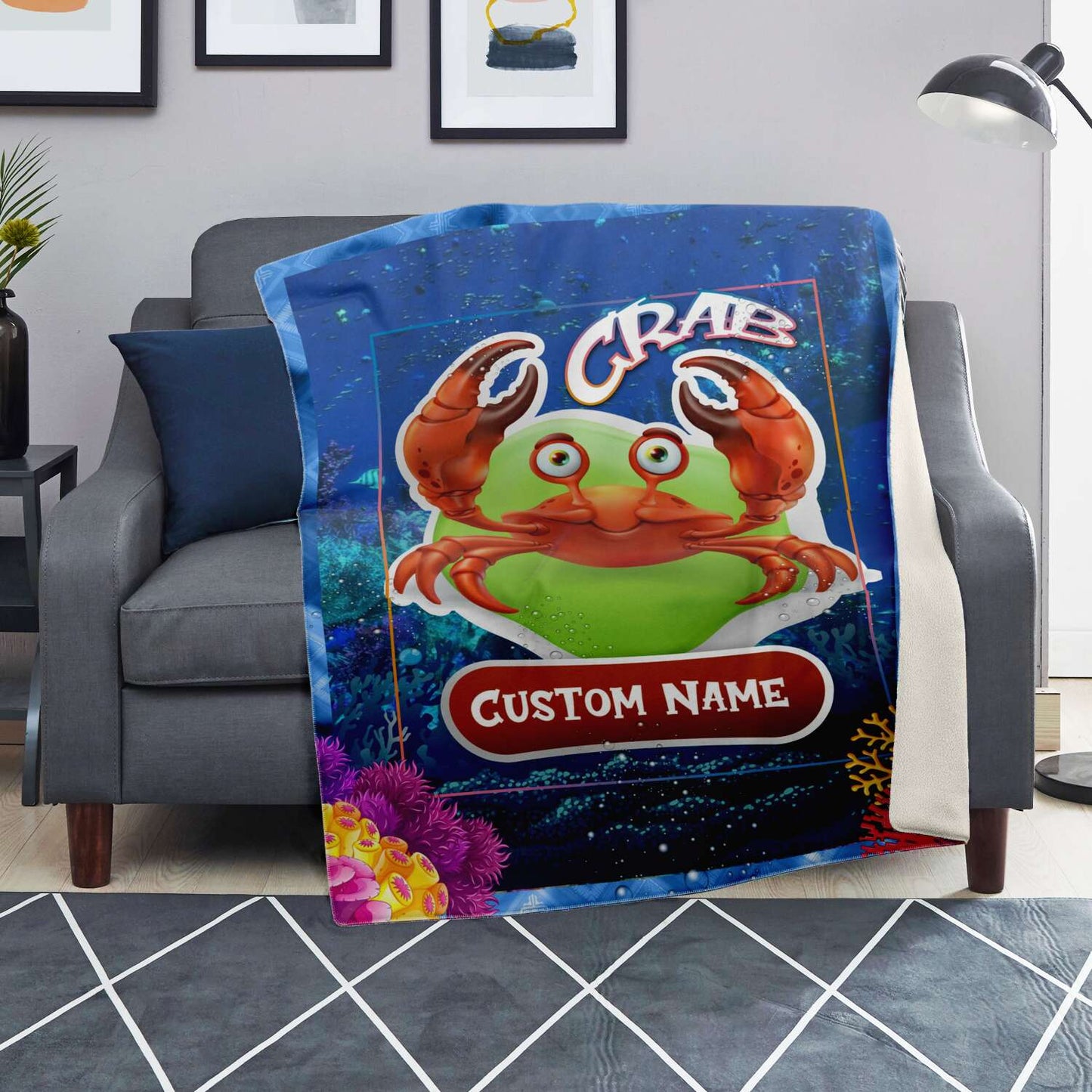 Personalized Name Crab Blanket, Custom Name Sea Animals Blanket for Boys & Girls