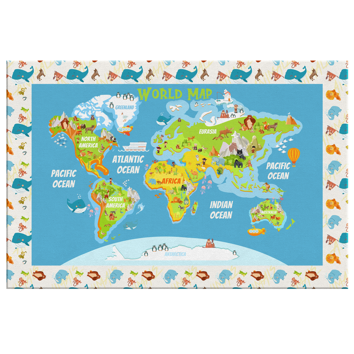 Personalized Colourful Map of World for Kids with Animals, Canvas Wall Art for Children's Room, Learning, Educational Map for Boys & Girls
