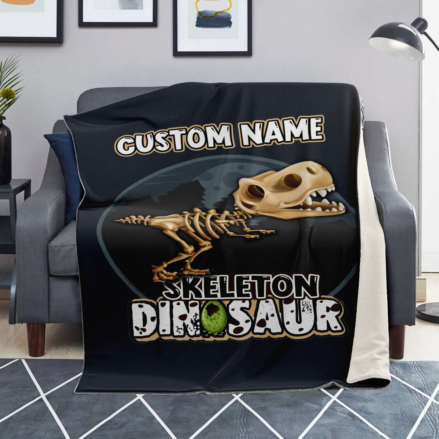 Personalized Name T-Rex Skeleton Dinosaur Blanket for Kids, Custom Name Blanket for Boys & Girls