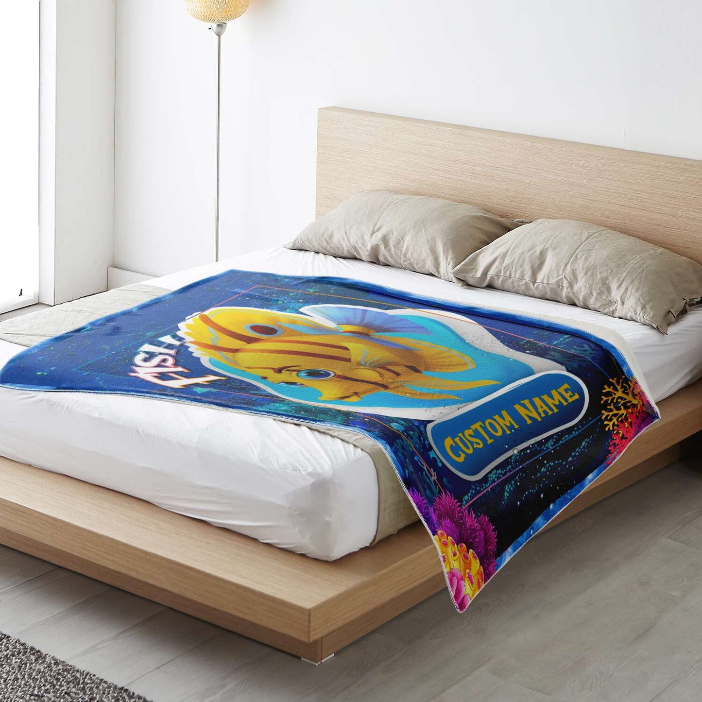 Personalized Name Fish Blanket, Custom Name Sea Animals Blanket for Boys & Girls