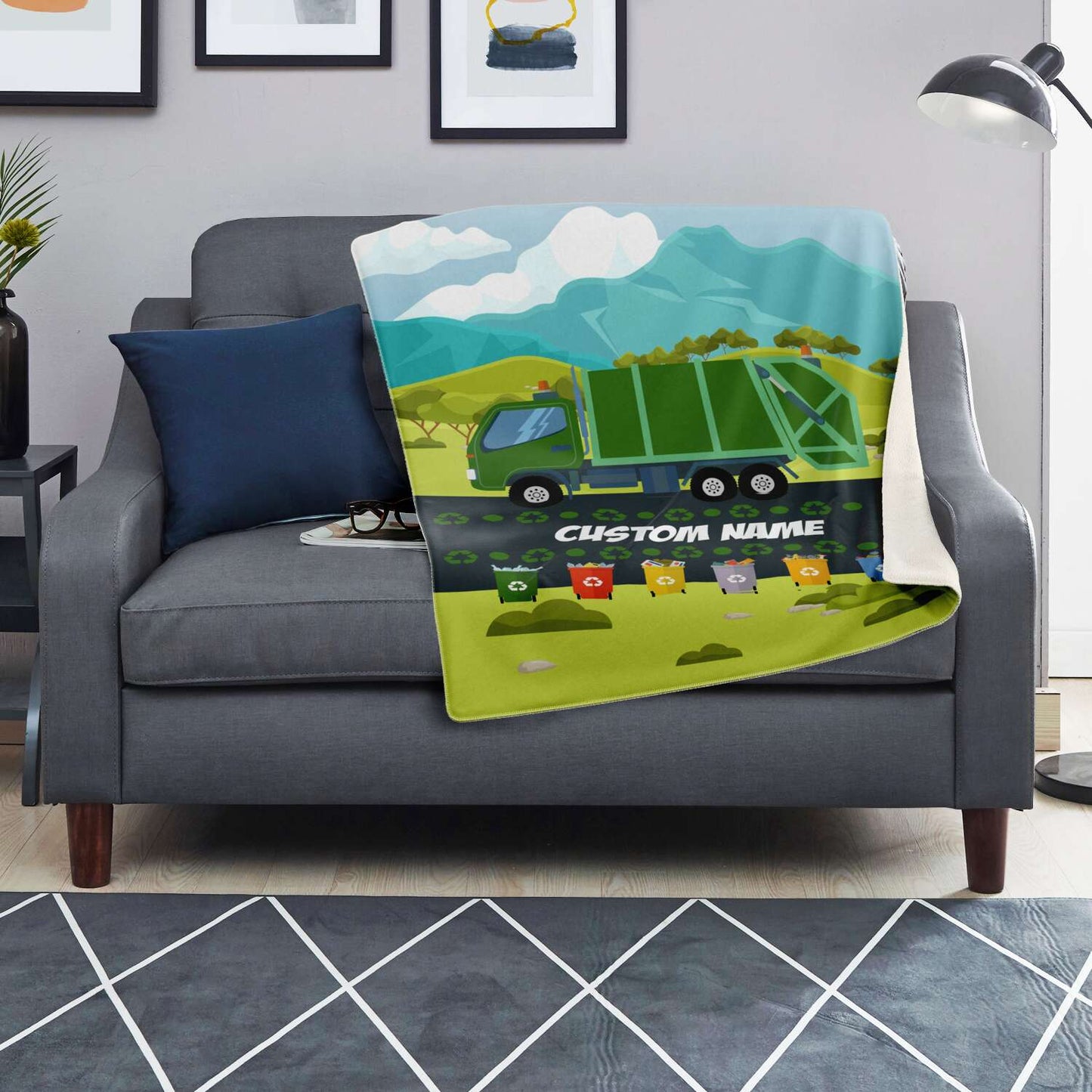 Personalized Name Garbage Truck Blanket for Kids, Custom Name Blanket for Boys & Girls