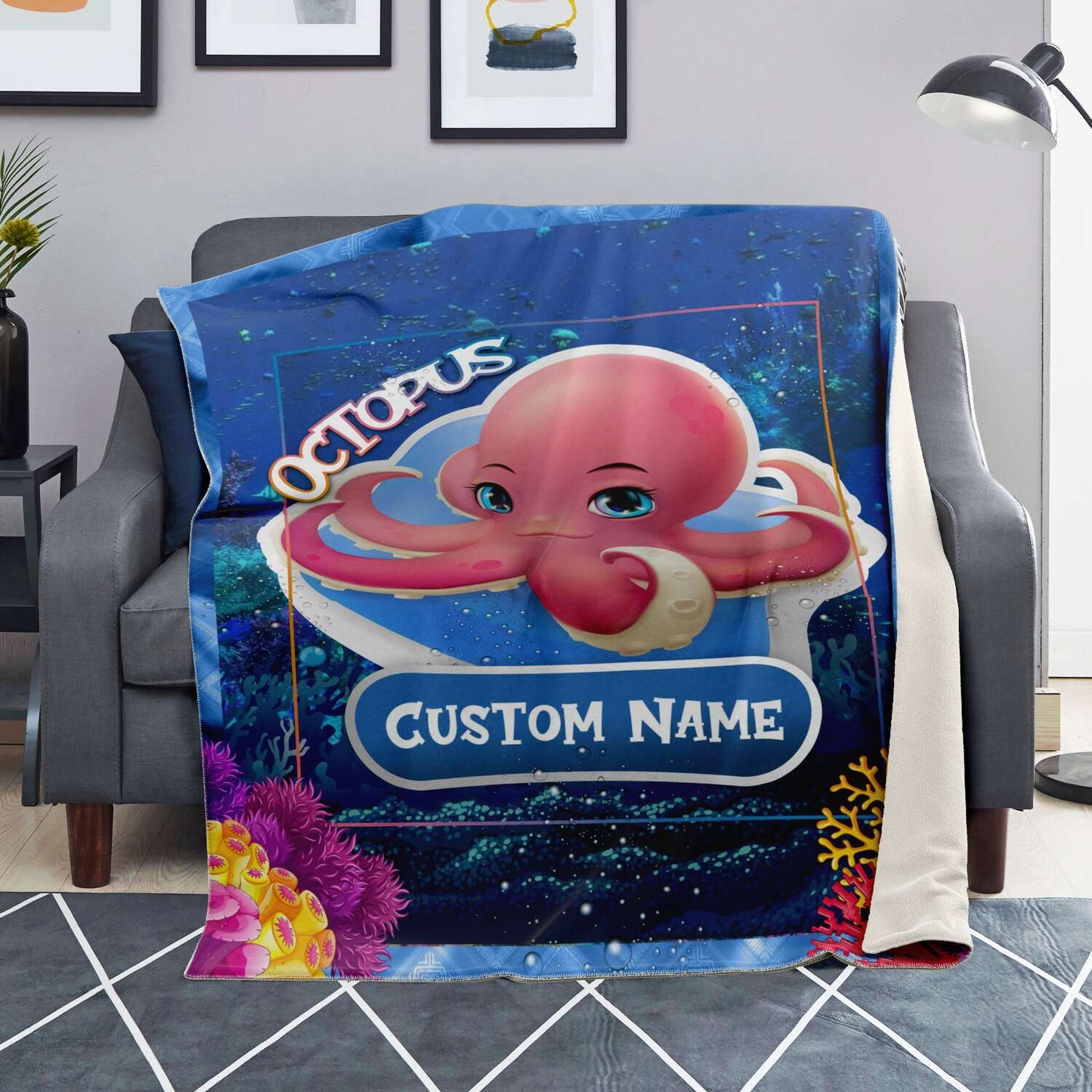 Personalized Name Octopus Blanket, Custom Name Sea Animals Blanket for Boys & Girls
