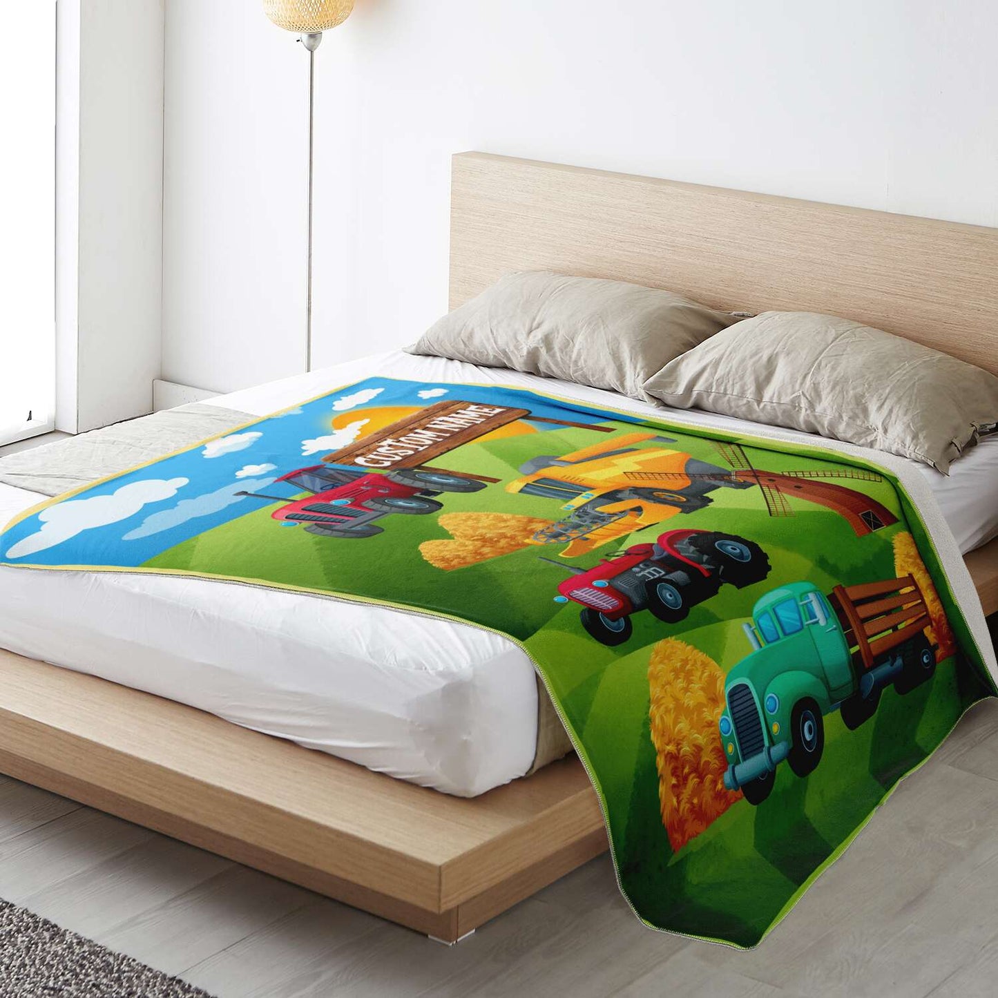 Personalized Name Farm Machinery Tractor Blanket for Kids, Custom Name Blanket for Boys & Girls