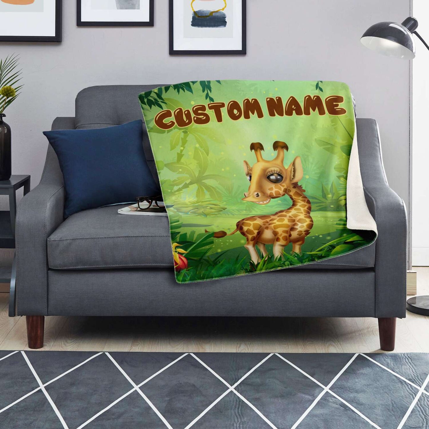 Personalized Name Giraffe Blanket, Custom Name Wild Animals Blanket for Boys & Girls