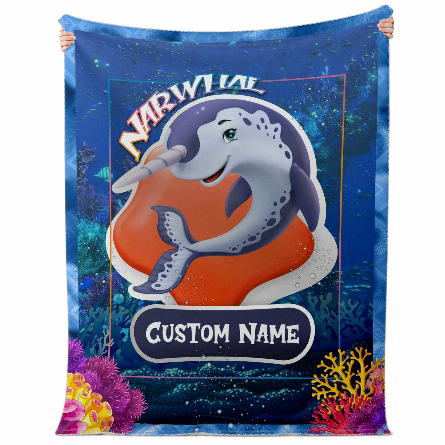 Personalized Name Narwhal Blanket, Custom Name Sea Animals Blanket for Boys & Girls