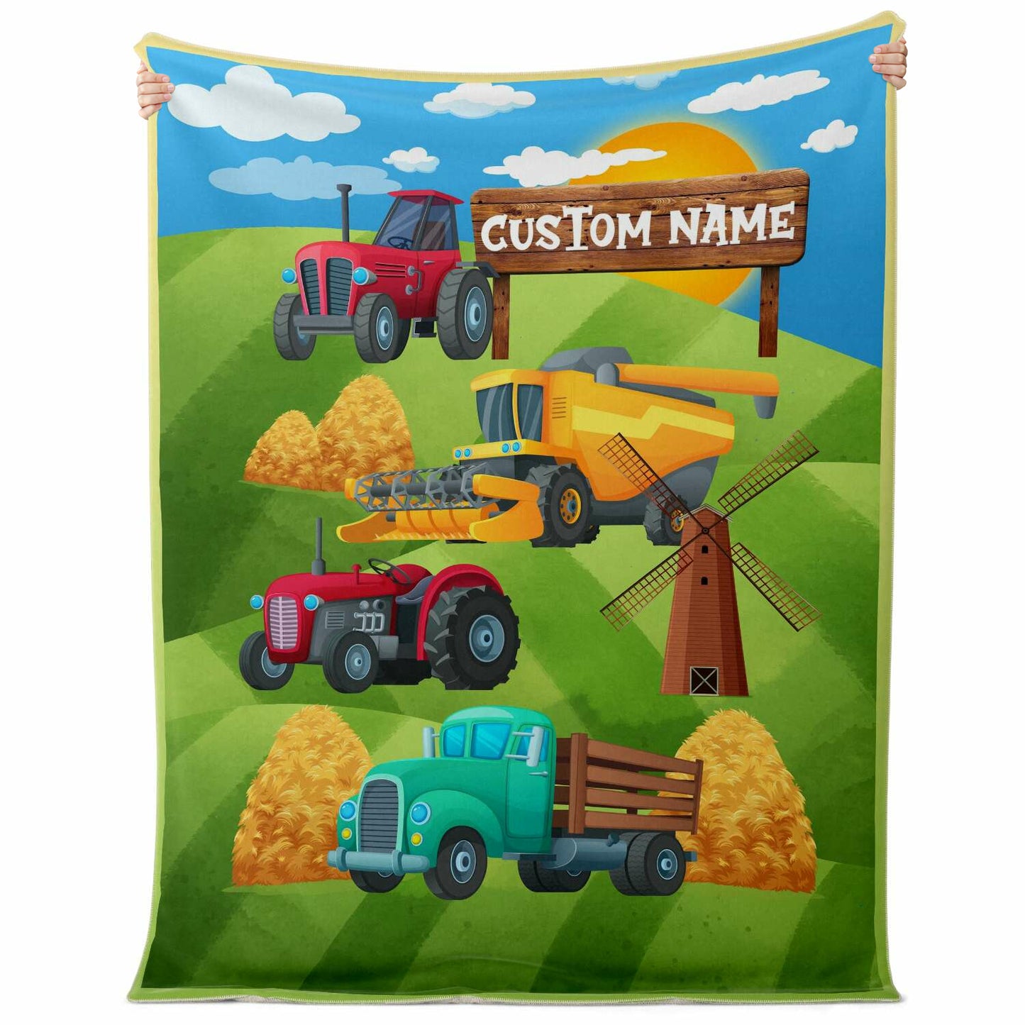 Personalized Name Farm Machinery Tractor Blanket for Kids, Custom Name Blanket for Boys & Girls