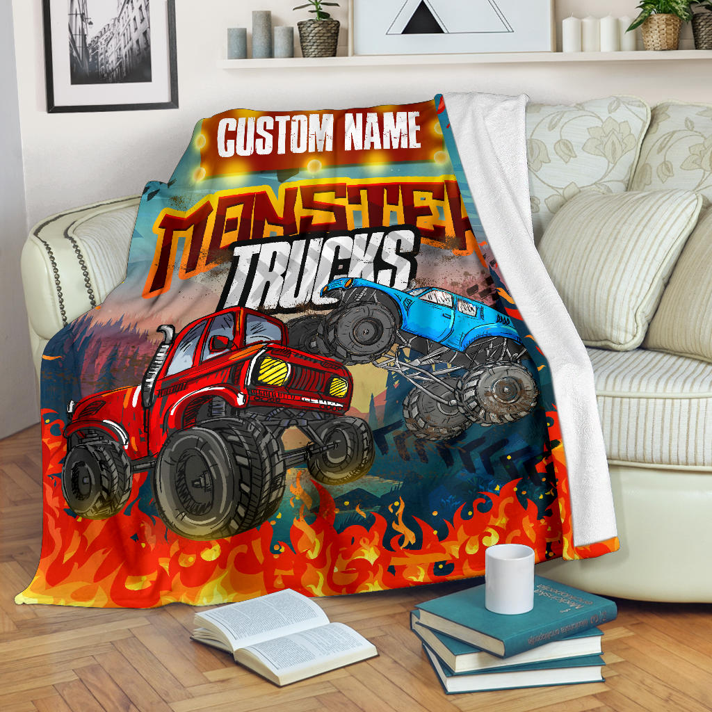 Personalized Name Monster Truck Blanket for Boys & Girls, Childrens Blanket