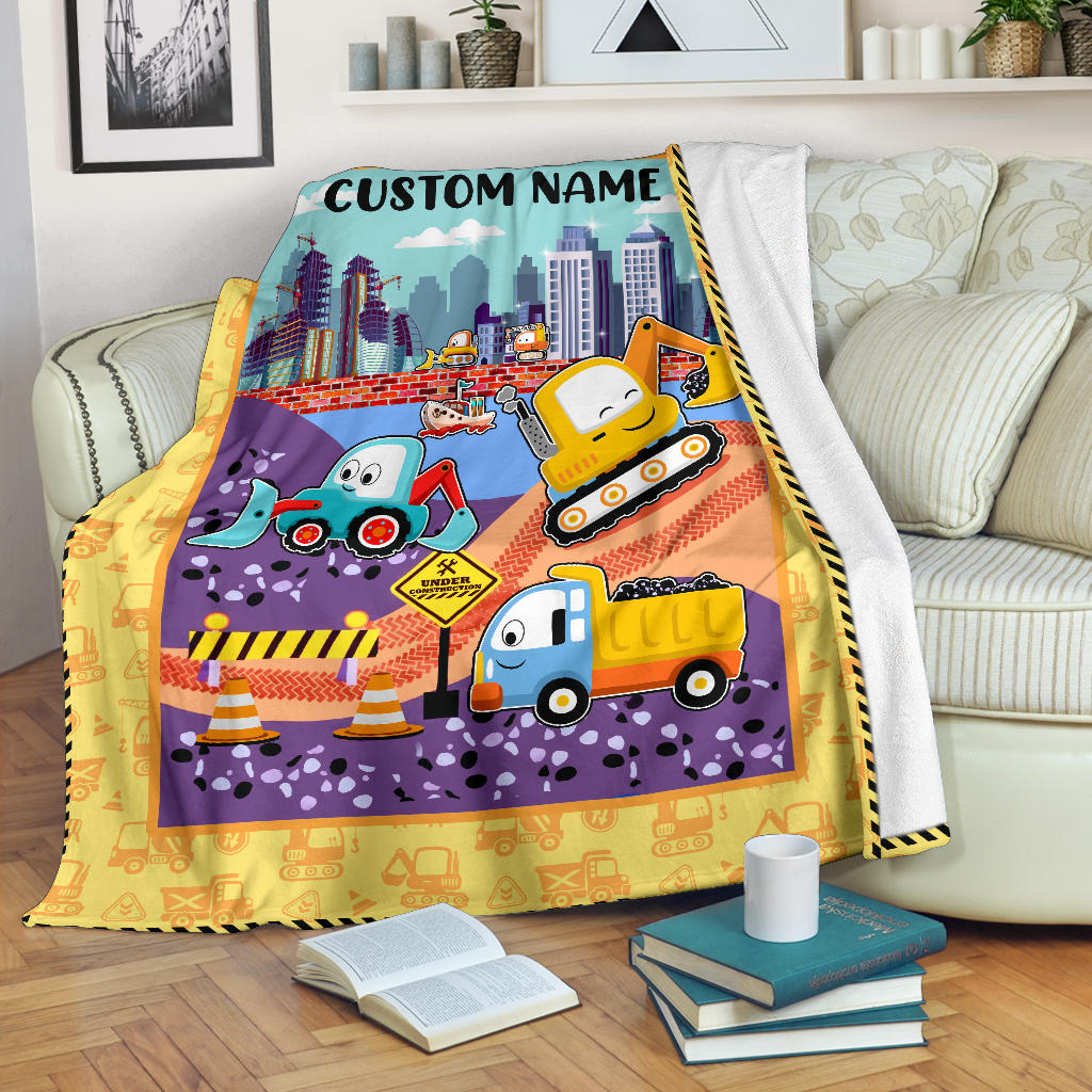 Personalized Name Under Construction Site Blanket for Kids, Custom Name Blanket for Boy & Girls