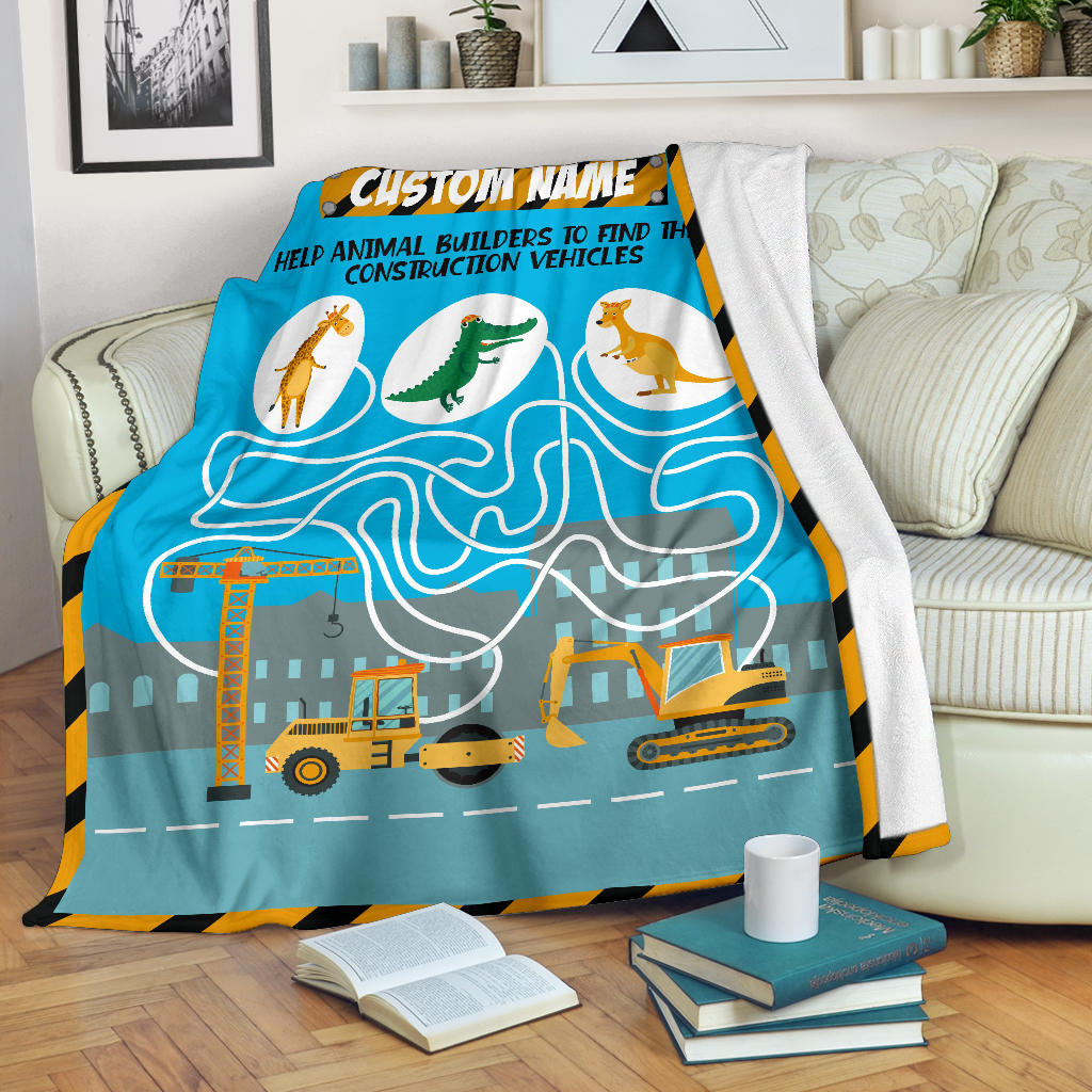 Personalized Name, Educational, Learning Help Animal Builders to Find Their Construction Vehicles Blanket for Kids, Maze Blanket for Boys & Girls