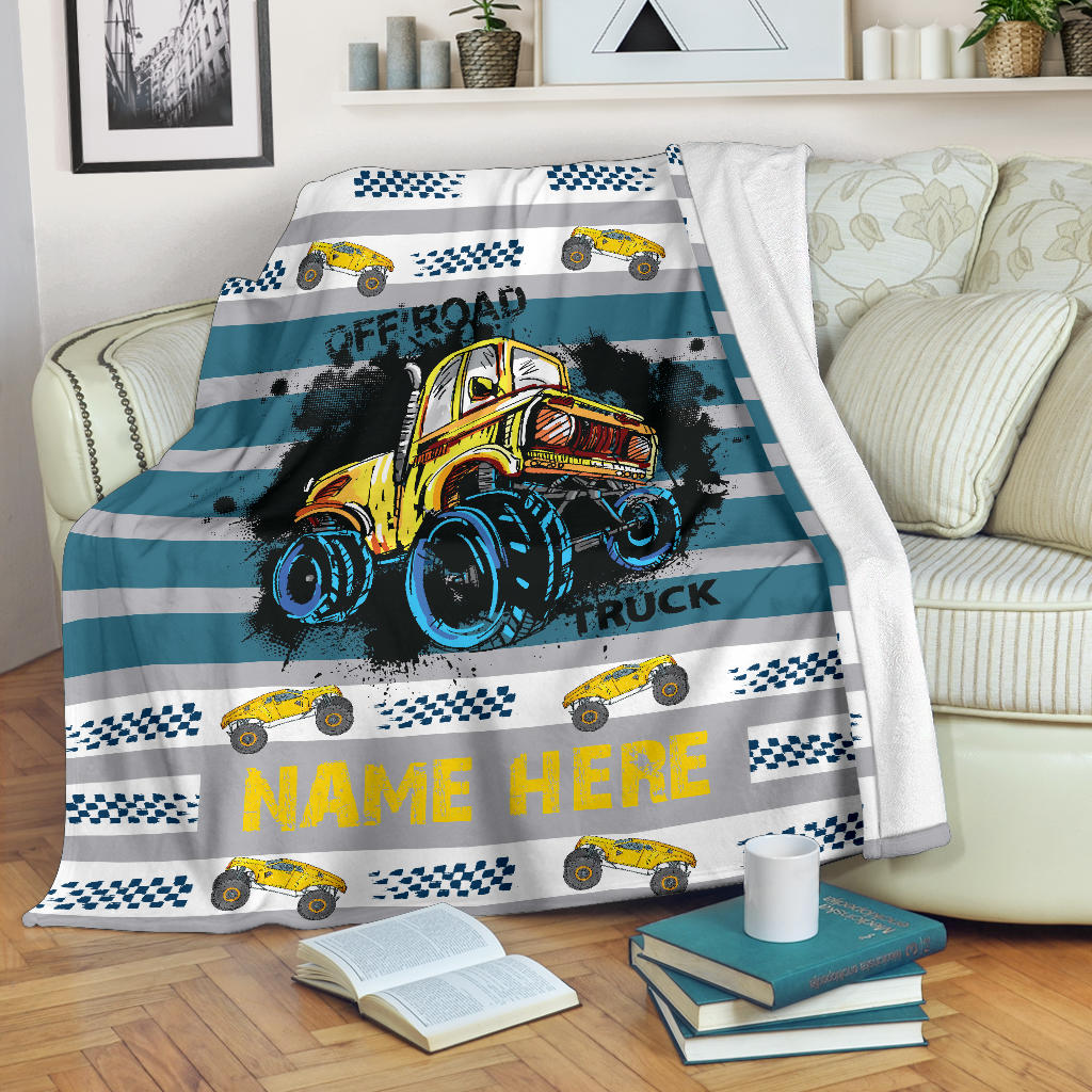 Personalized Name Monster Truck Blanket with Blue Stripes for Boys, Girls & Adults