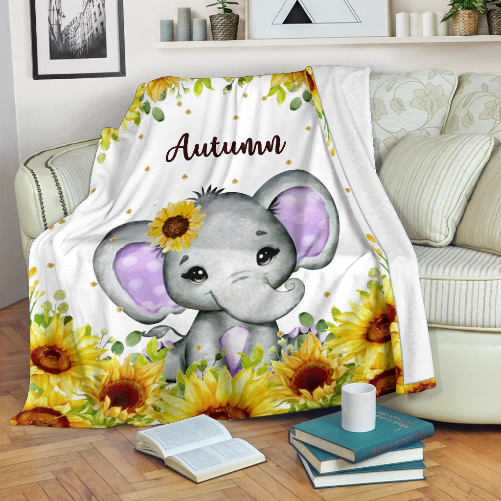Personalized Name Cute Elephant with Sunflowers Blanket for Girls