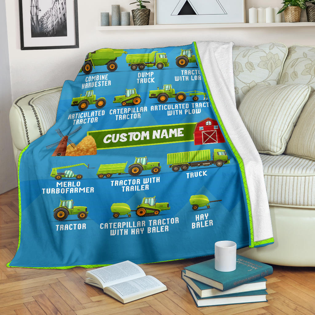 Personalized Name, Farm, Agricultural Machinery, Tractor Blanket for Kids, Boys & Girls Custom Name Blanket