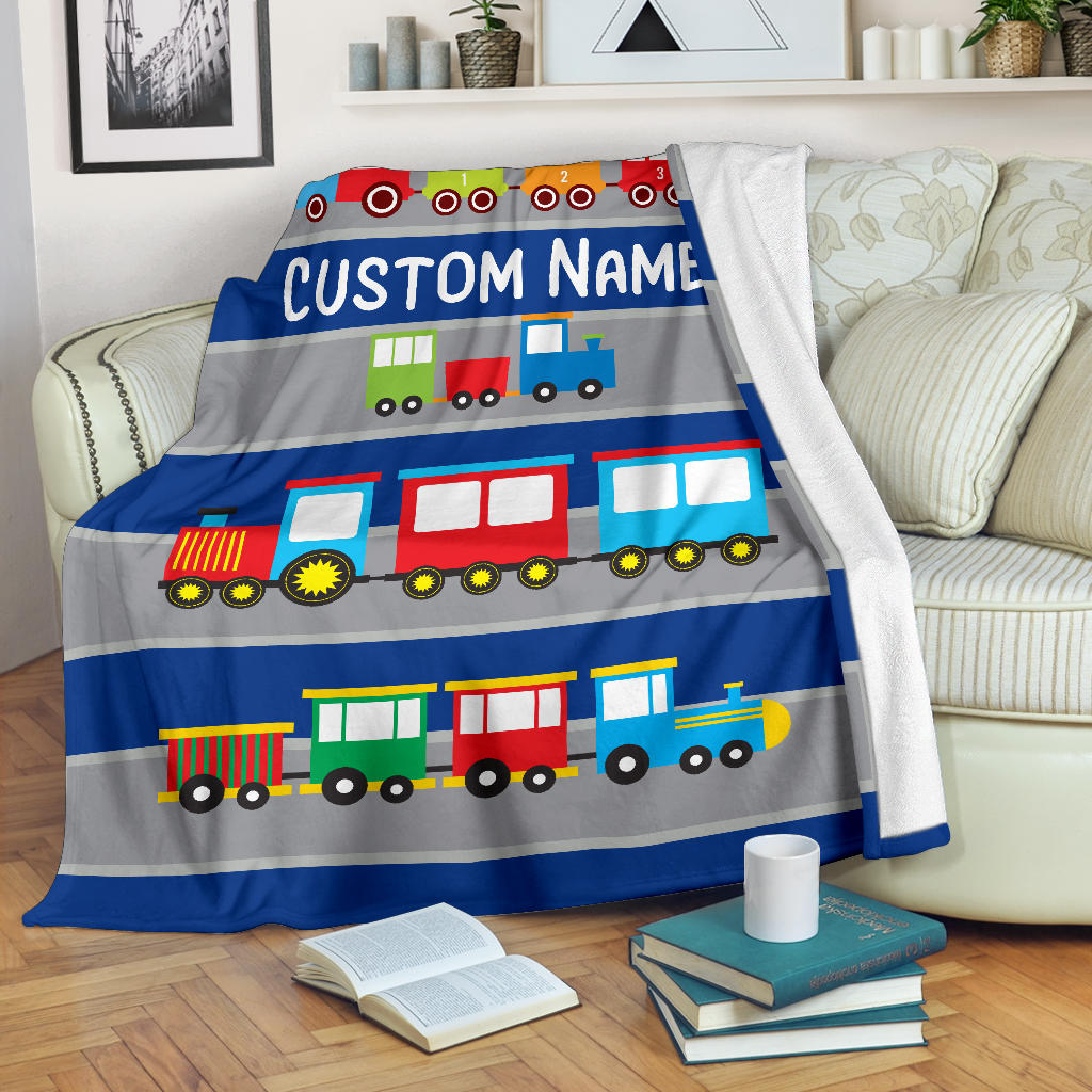 Personalized Name Train Blanket for Kids, Boys & Girls