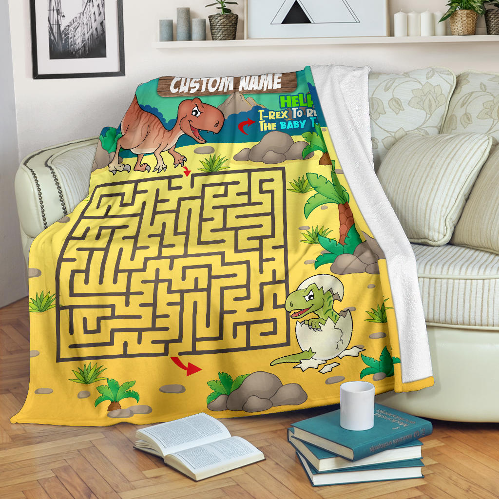 Personalized Name Educational Help T-Rex Maze Blanket for Boys & Girls, Custom Name Dinosaur Blanket for Kids