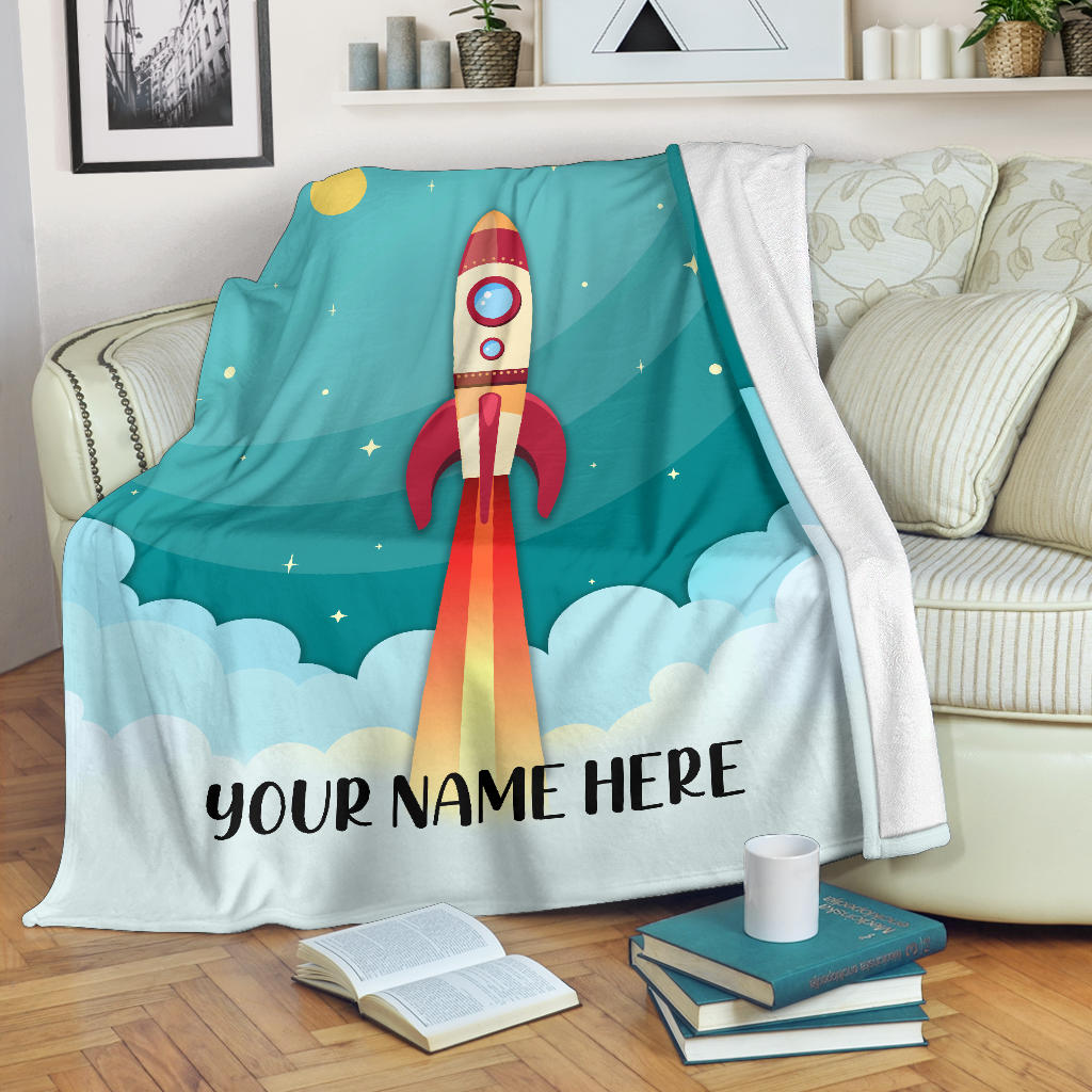 Personalized Name Kids Rocket Launch Space Theme Blanket for Boys and Girls