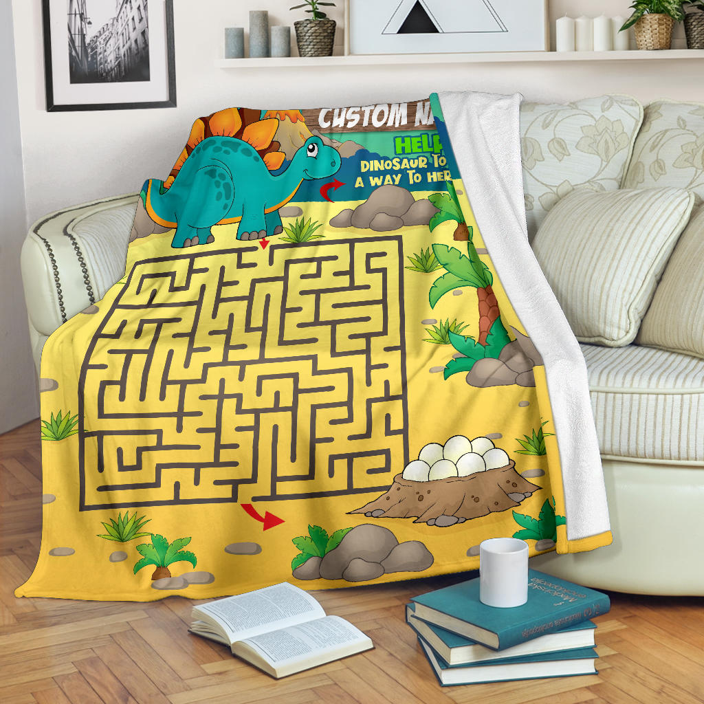Personalized Name, Educational, Learning Help Dinosaur to Find a Way to Her Eggs Blanket for Kids, Boys & Girls Maze Blanket